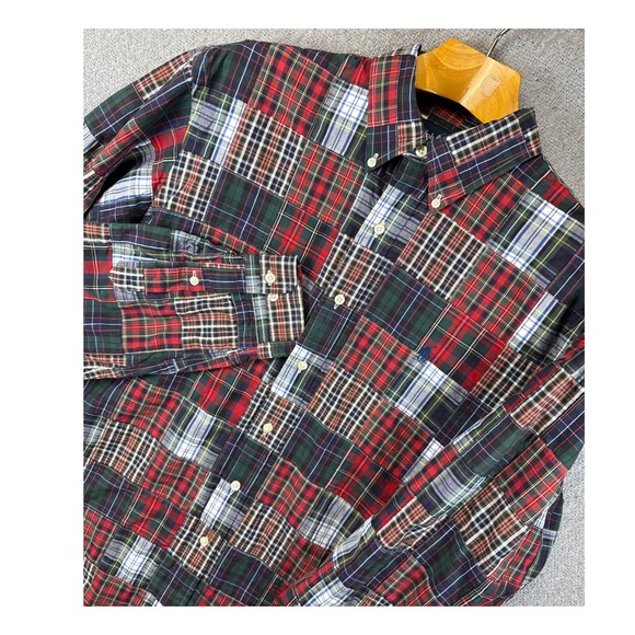 Ralph Lauren Custom Fit Patchwork Plaid Btn Up Long Sleeve Shirt Mens XL Hipster - Picture 1 of 10